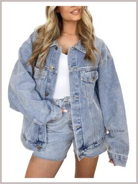 Oversized Long Denim Jacket Women Trucker Button Down Coat